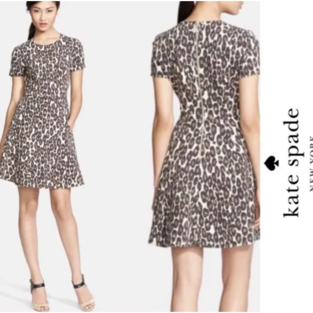 Kate Spade Short Sleeve Round Neck Autumn Leopard Knit Fit-Flare Dress Sz 4